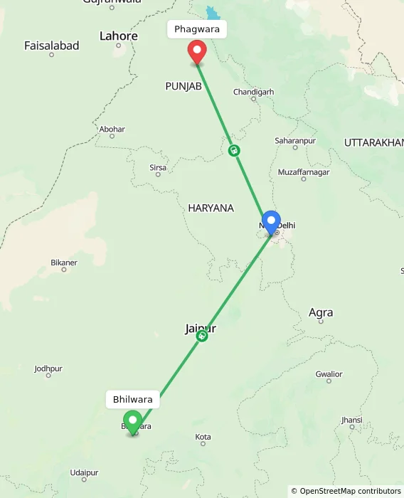 Route map showing distance and travel time from Bhilwara, India to Phagwara, India
