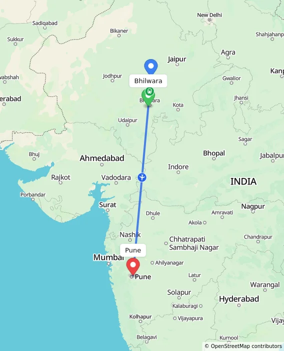 Route map showing distance and travel time from Bhilwara, India to Pune, India