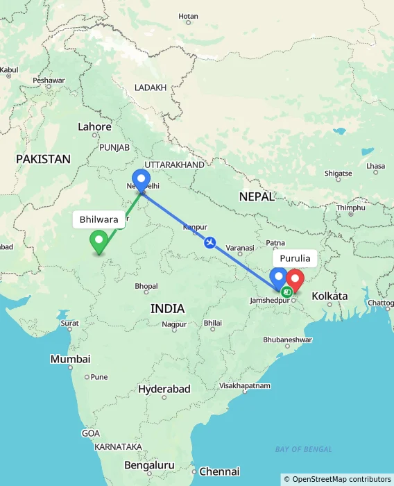 Route map showing distance and travel time from Bhilwara, India to Purulia, India