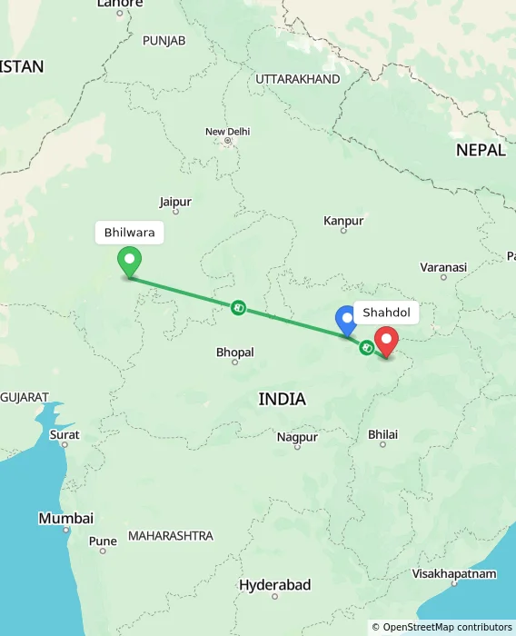 Route map showing distance and travel time from Bhilwara, India to Shahdol, India