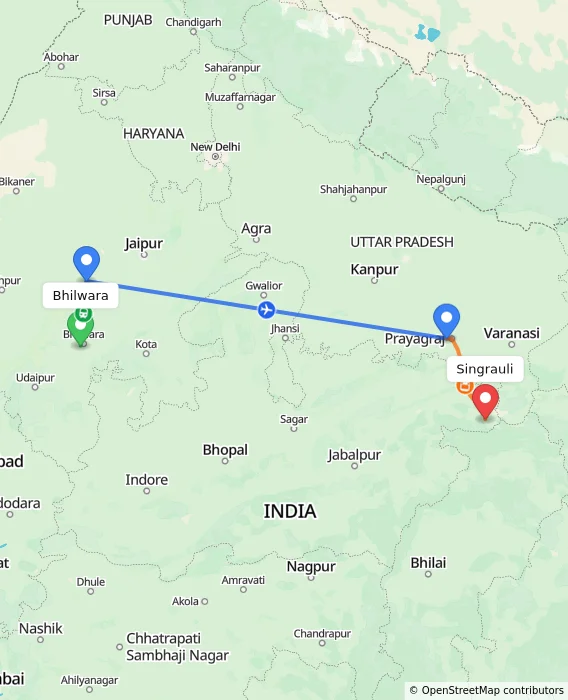 Route map showing distance and travel time from Bhilwara, India to Singrauli, India