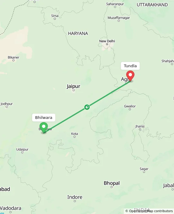 Route map showing distance and travel time from Bhilwara, India to Tundla, India