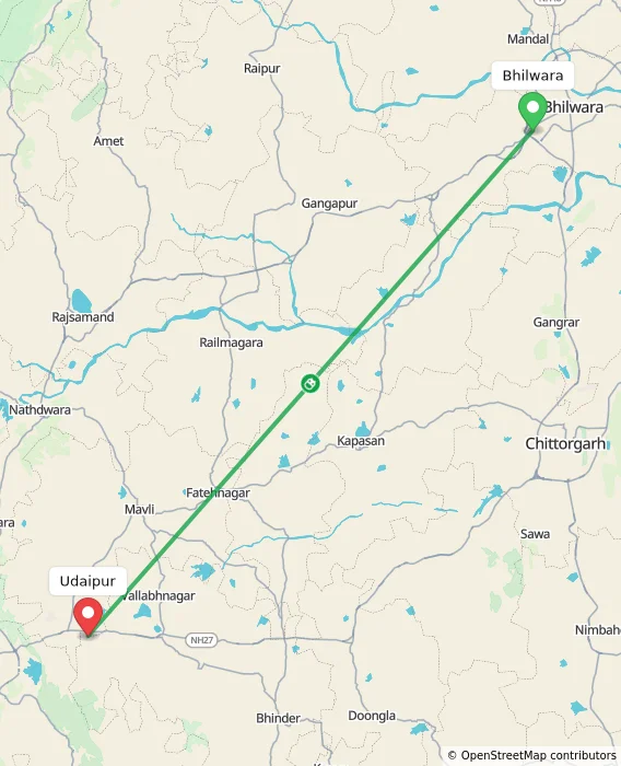 Route map showing distance and travel time from Bhilwara, India to Udaipur, India