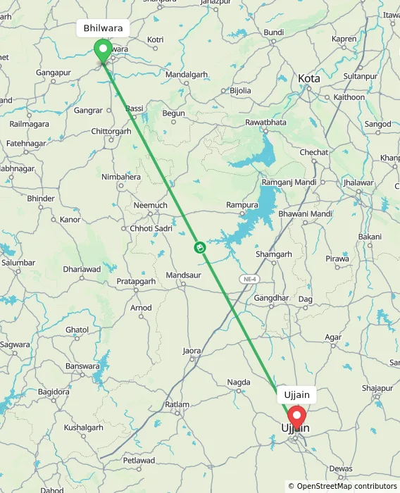 Route map showing distance and travel time from Bhilwara, India to Ujjain, India