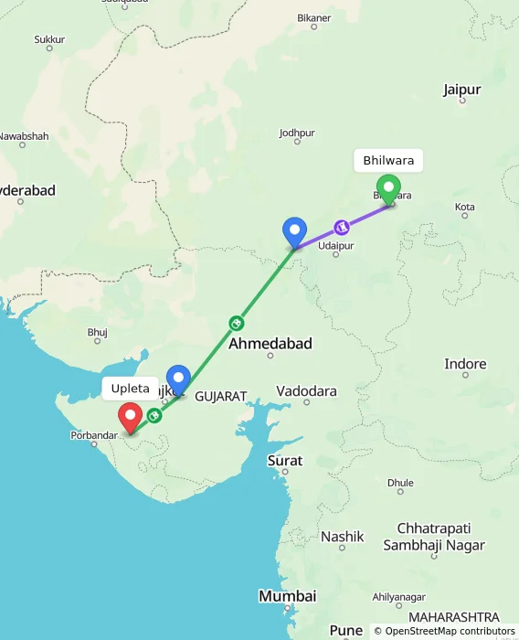 Route map showing distance and travel time from Bhilwara, India to Upleta, India