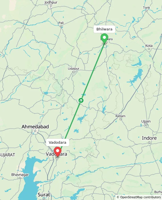 Route map showing distance and travel time from Bhilwara, India to Vadodara, India