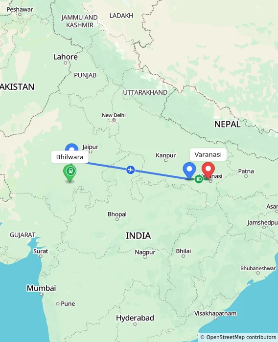 Route map showing distance and travel time from Bhilwara, India to Varanasi, India