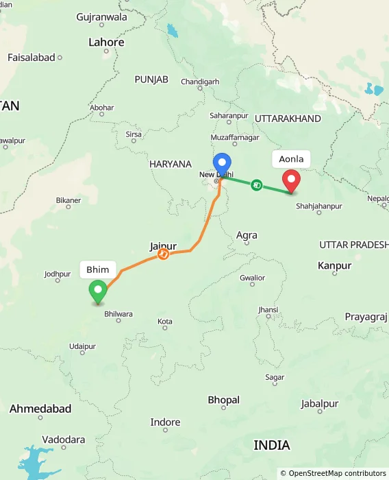 Route map showing distance and travel time from Bhim, India to Aonla, India