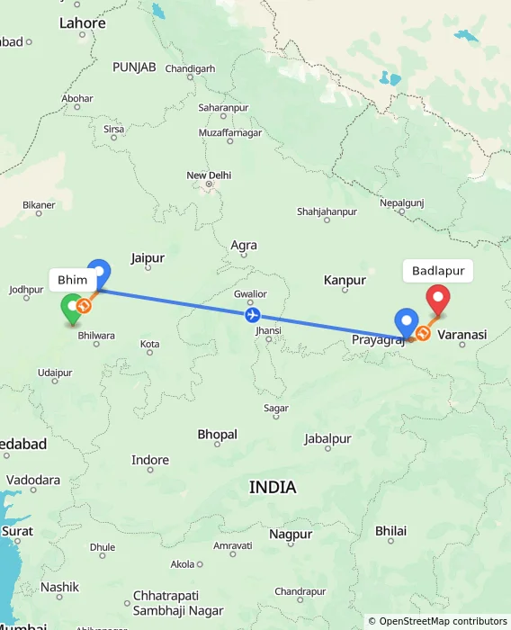 Route map showing distance and travel time from Bhim, India to Badlapur, India