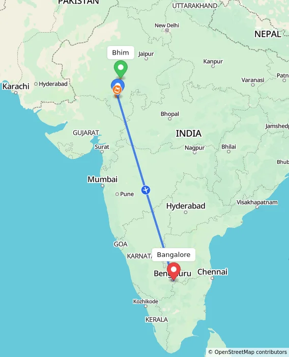 Route map showing distance and travel time from Bhim, India to Bangalore, India