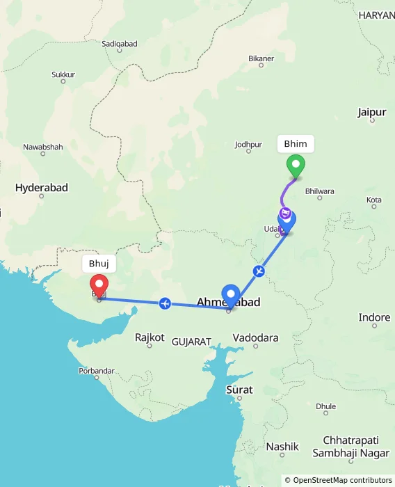 Route map showing distance and travel time from Bhim, India to Bhuj, India