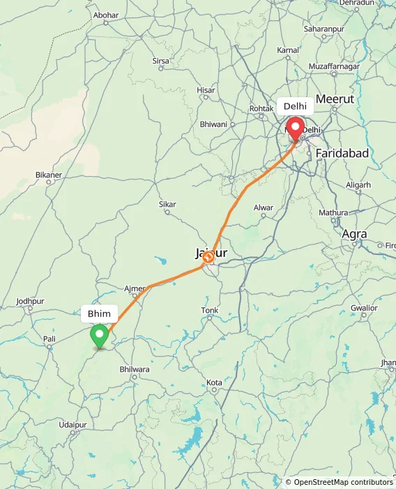 Route map showing distance and travel time from Bhim, India to Delhi, India