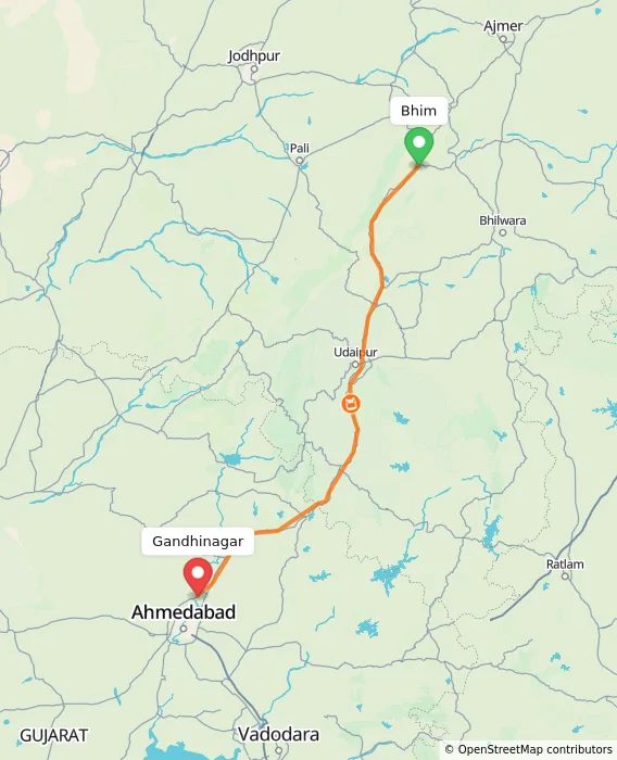 Route map showing distance and travel time from Bhim, India to Gandhinagar, India