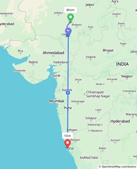 Route map showing distance and travel time from Bhim, India to Goa, India
