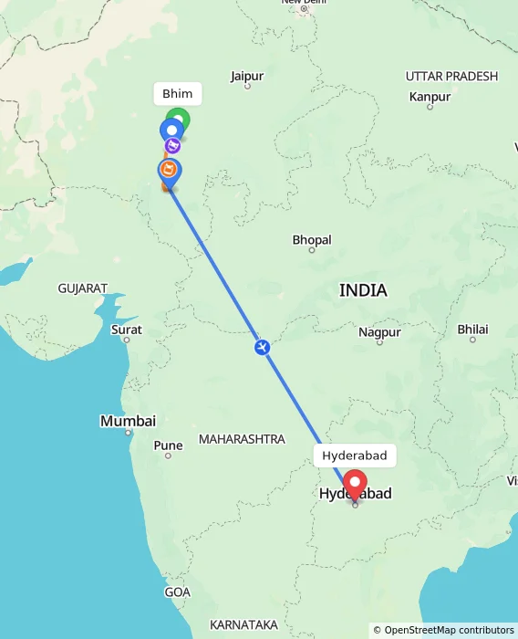Route map showing distance and travel time from Bhim, India to Hyderabad, India