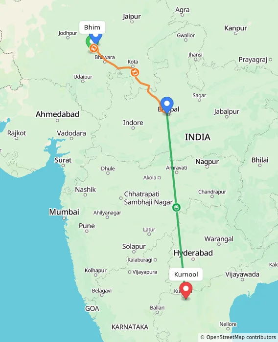 Route map showing distance and travel time from Bhim, India to Kurnool, India