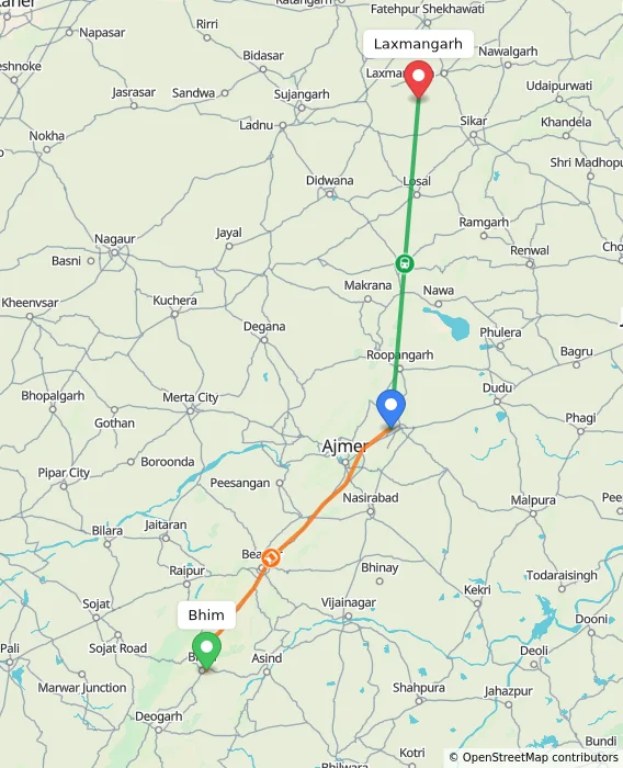 Route map showing distance and travel time from Bhim, India to Laxmangarh, India