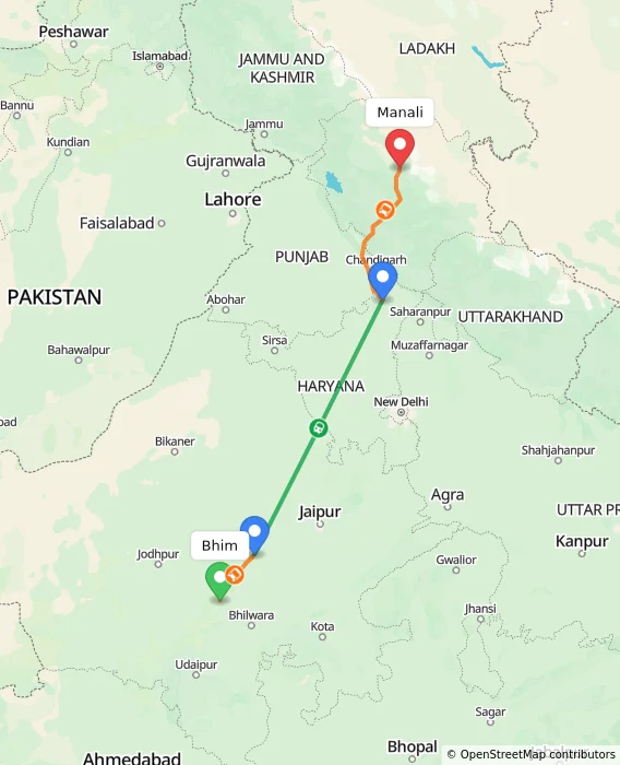 Route map showing distance and travel time from Bhim, India to Manali, India