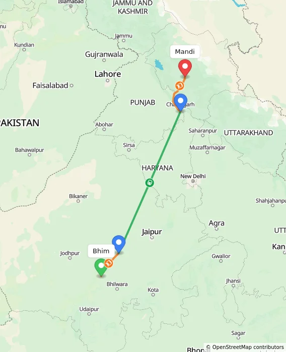 Route map showing distance and travel time from Bhim, India to Mandi, India