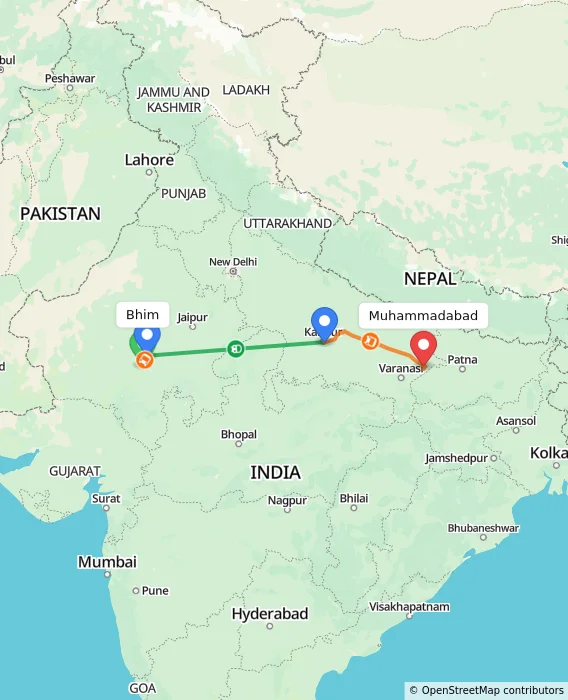 Route map showing distance and travel time from Bhim, India to Muhammadabad, India