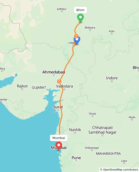 Route map showing distance and travel time from Bhim, India to Mumbai, India