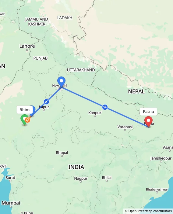 Route map showing distance and travel time from Bhim, India to Patna, India