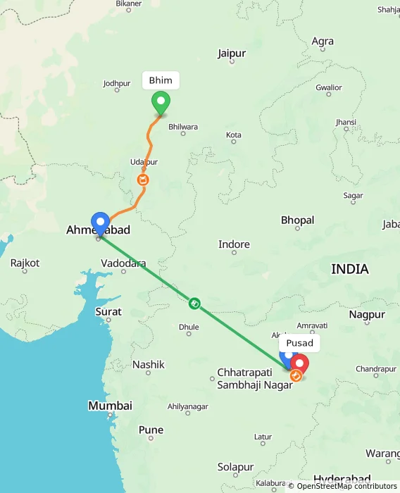 Route map showing distance and travel time from Bhim, India to Pusad, India