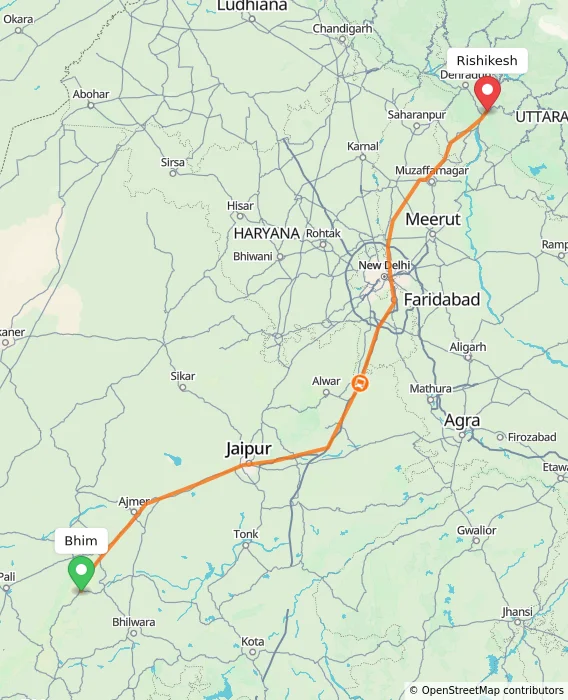 Route map showing distance and travel time from Bhim, India to Rishikesh, India