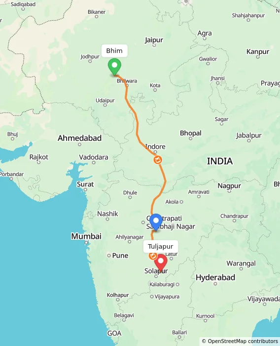 Route map showing distance and travel time from Bhim, India to Tuljapur, India