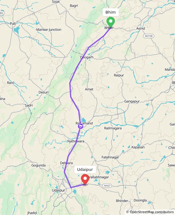Route map showing distance and travel time from Bhim, India to Udaipur, India