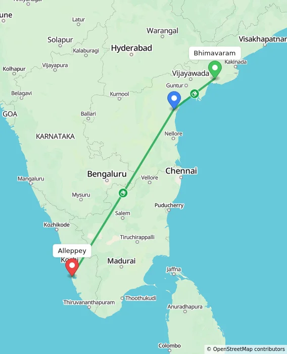 Route map showing distance and travel time from Bhimavaram, India to Alappuzha, India