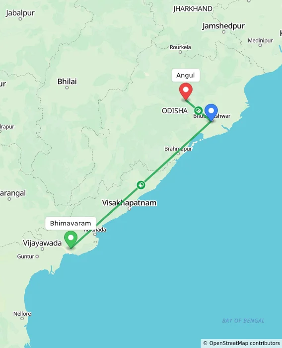 Route map showing distance and travel time from Bhimavaram, India to Angul, India