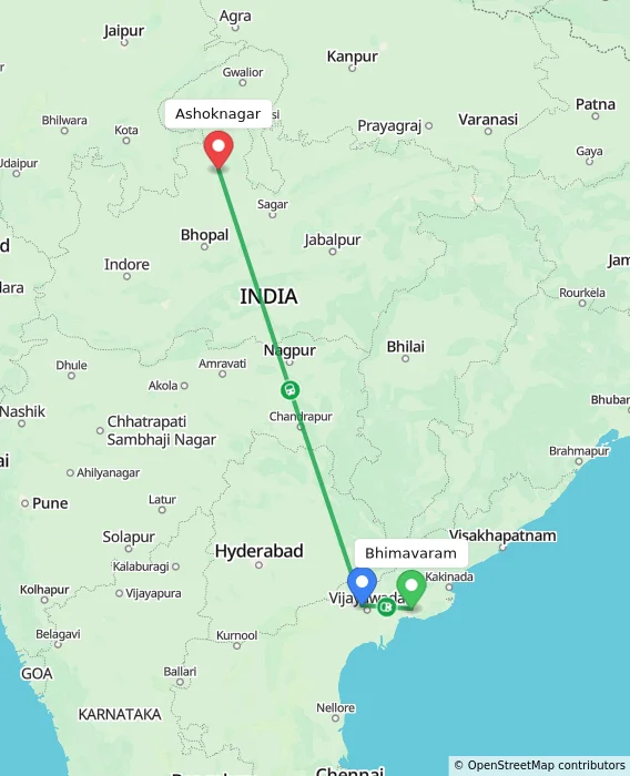 Route map showing distance and travel time from Bhimavaram, India to Ashoknagar, India
