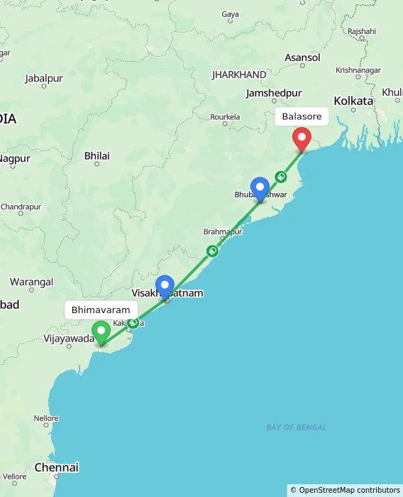 Route map showing distance and travel time from Bhimavaram, India to Balasore, India