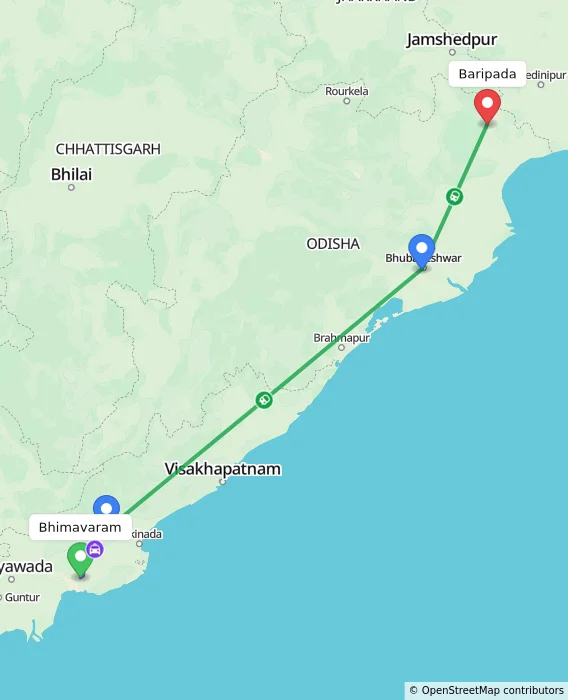 Route map showing distance and travel time from Bhimavaram, India to Baripada, India