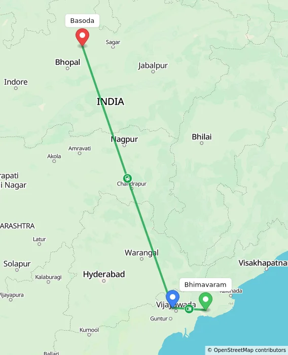 Route map showing distance and travel time from Bhimavaram, India to Basoda, India