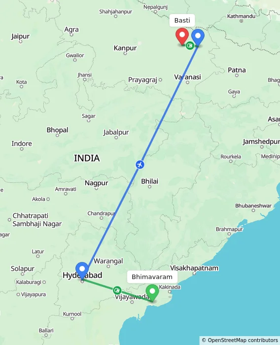 Route map showing distance and travel time from Bhimavaram, India to Basti, India