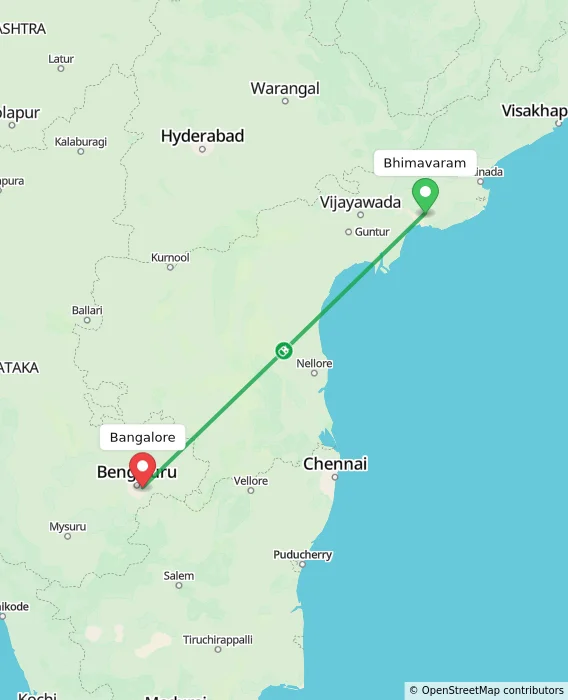 Route map showing distance and travel time from Bhimavaram, India to Bengaluru, India