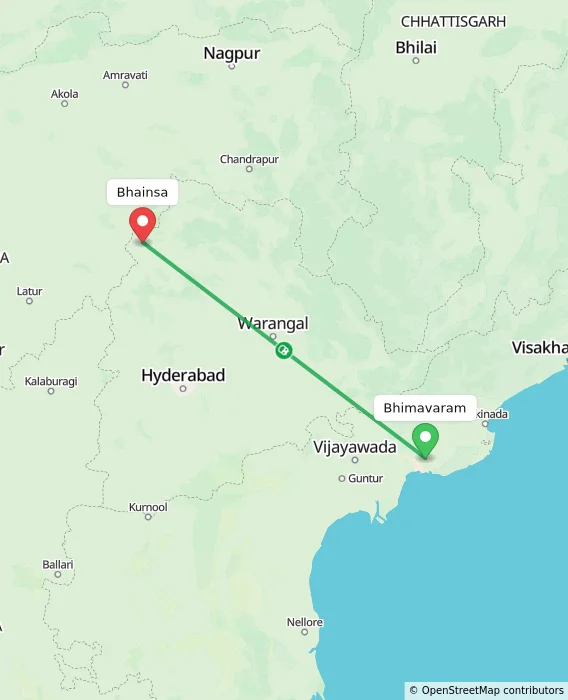Route map showing distance and travel time from Bhimavaram, India to Bhainsa, India