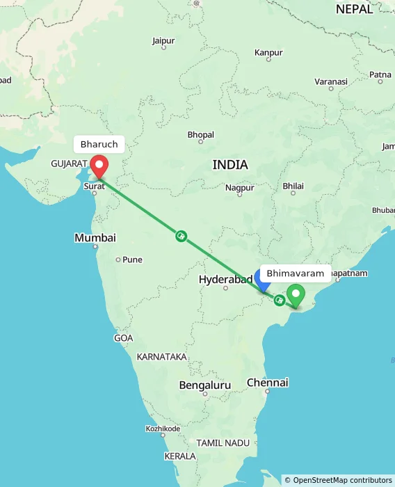 Route map showing distance and travel time from Bhimavaram, India to Bharuch, India