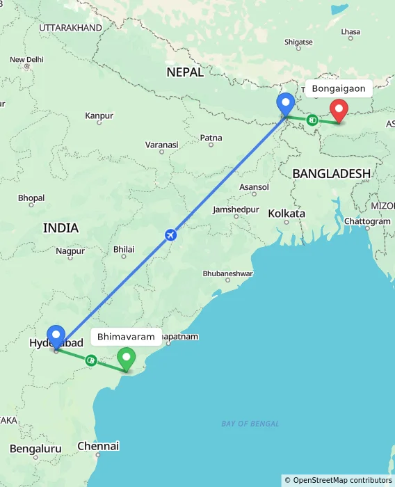 Route map showing distance and travel time from Bhimavaram, India to Bongaigaon, India
