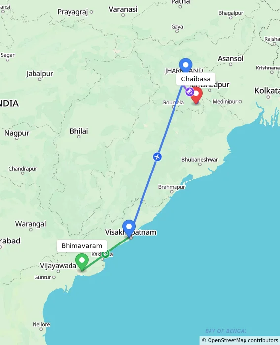 Route map showing distance and travel time from Bhimavaram, India to Chaibasa, India