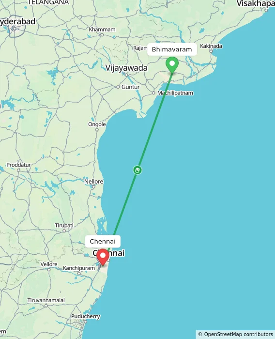 Route map showing distance and travel time from Bhimavaram, India to Chennai, India