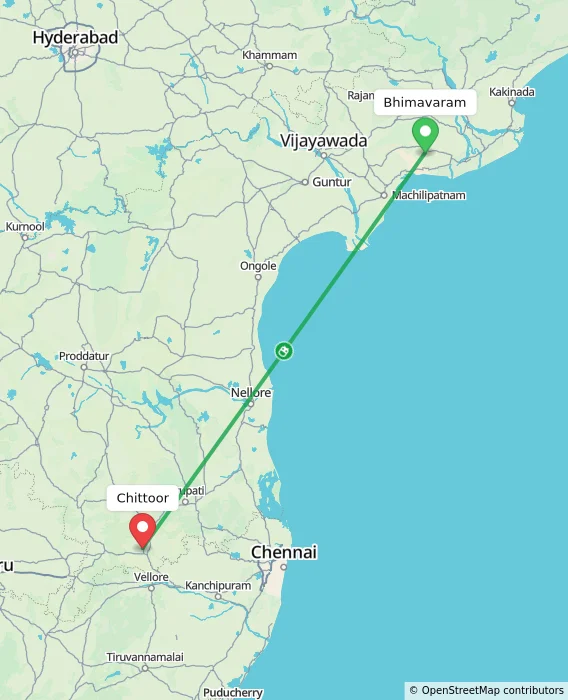 Route map showing distance and travel time from Bhimavaram, India to Chittoor, India