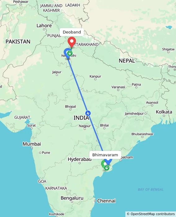 Route map showing distance and travel time from Bhimavaram, India to Deoband, India