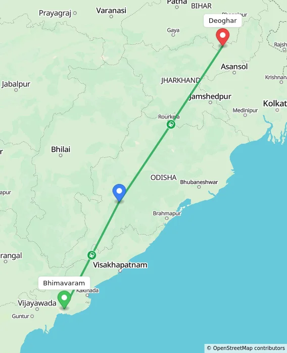 Route map showing distance and travel time from Bhimavaram, India to Deoghar, India