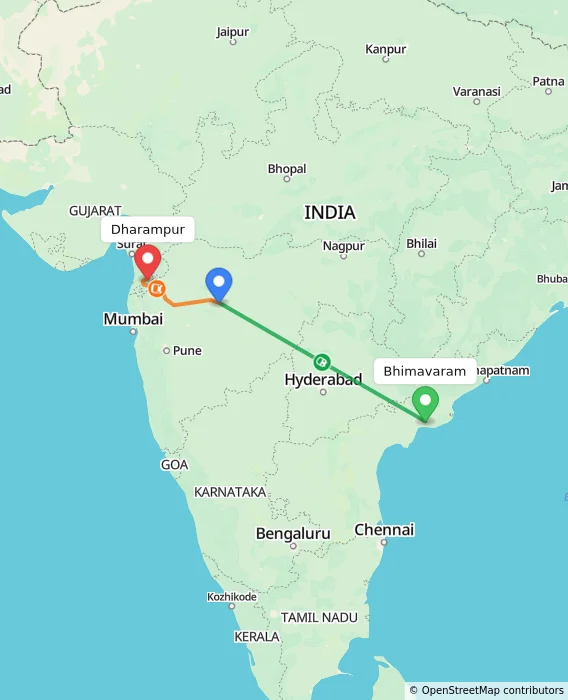 Route map showing distance and travel time from Bhimavaram, India to Dharampur, India