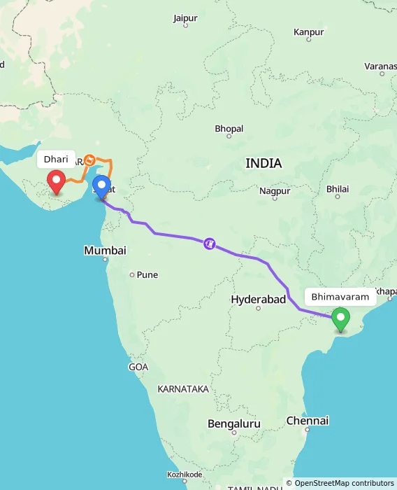 Route map showing distance and travel time from Bhimavaram, India to Dhari, India