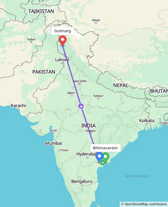 Route map showing distance and travel time from Bhimavaram, India to Gulmarg, India