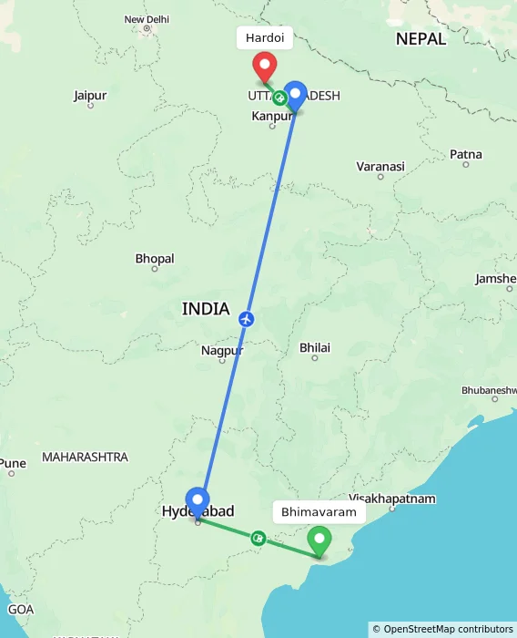 Route map showing distance and travel time from Bhimavaram, India to Hardoi, India